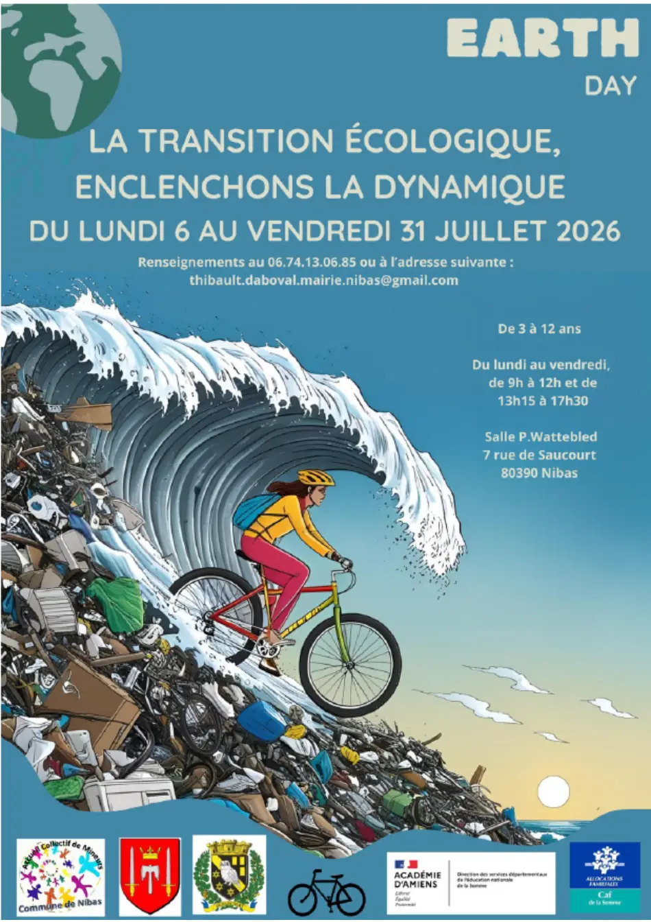 Une femme à vélo dans un rouleau de vague avec des déchets autours pour l'évènement transition écologique du 6 au 31 juillet 2026 à Nibas
